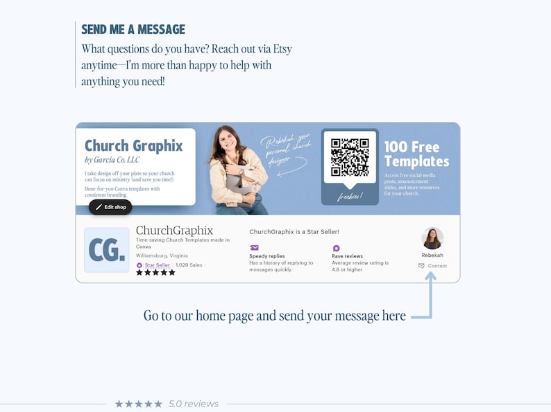 Puede incluir: Una pantalla gr&aacute;fica digital para Church Graphix que muestra un banner azul con un c&oacute;digo QR, el texto 100 Free Templates y una secci&oacute;n de perfil de tienda con el nombre, estado de Star Seller, 1.029 ventas y un bot&oacute;n de contacto.