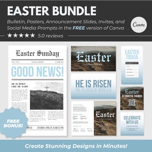 May include: A digital download of Easter-themed graphics for social media, bulletins, posters, and invitations. The graphics feature a blue and white color scheme with text that says "Easter Sunday", "Good News!" and "He is Risen".
