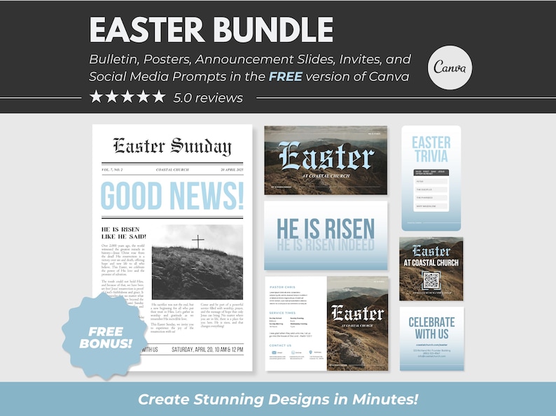 May include: A digital download of Easter-themed graphics for social media, bulletins, posters, and invitations. The graphics feature a blue and white color scheme with text that says "Easter Sunday", "Good News!" and "He is Risen".