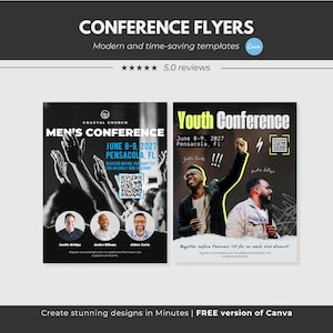 May include: Two conference flyers with the text "CONFERENCE FLYERS" and "Modern and time-saving templates". One flyer is for a "MEN'S CONFERENCE" and the other is for a "Youth Conference". The flyers include dates, locations, and speaker names.
