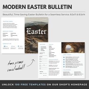 May include: A modern Easter bulletin template for churches. The bulletin features a photo of a rocky landscape with the word "Easter" in a vintage font. The bulletin includes sections for service times, announcements, and volunteer opportunities. The text "Unlock 100 Free Templates on Our Shop's Homepage" is at the bottom of the image.