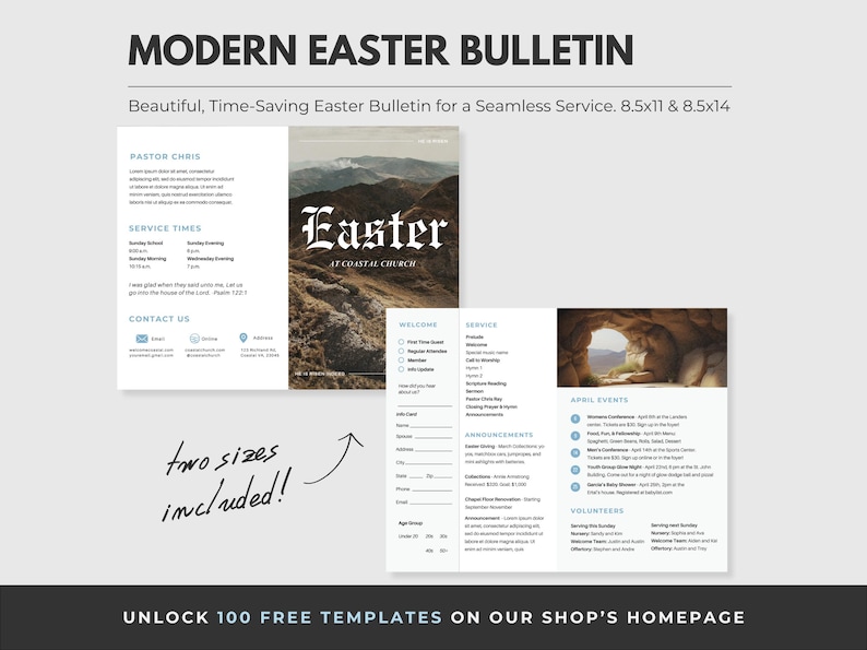 May include: A modern Easter bulletin template for churches. The bulletin features a photo of a rocky landscape with the word "Easter" in a vintage font. The bulletin includes sections for service times, announcements, and volunteer opportunities. The text "Unlock 100 Free Templates on Our Shop's Homepage" is at the bottom of the image.