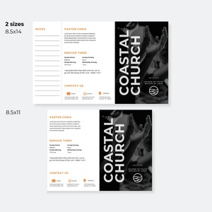 Puede incluir: Dos folletos, uno de 8,5x14 pulgadas y otro de 8,5x11 pulgadas, con un dise&ntilde;o en blanco y negro. Los folletos son para Coastal Church, con horarios de servicio, informaci&oacute;n de contacto y el texto "Guided by Faith, Driven by Love."