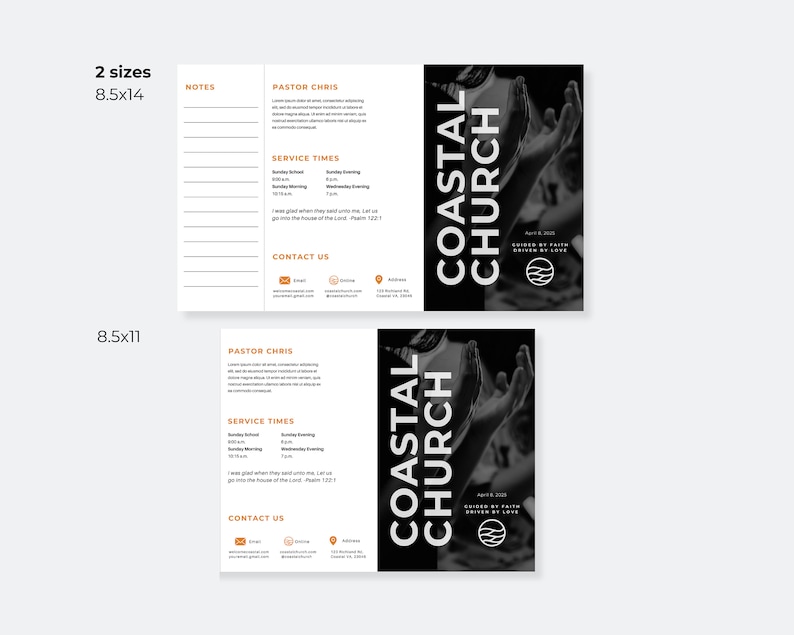 Puede incluir: Dos folletos, uno de 8,5x14 pulgadas y otro de 8,5x11 pulgadas, con un dise&ntilde;o en blanco y negro. Los folletos son para Coastal Church, con horarios de servicio, informaci&oacute;n de contacto y el texto "Guided by Faith, Driven by Love."