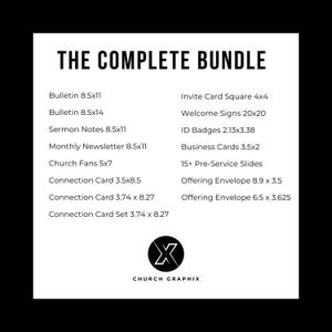 Puede incluir: Gr&aacute;fico en blanco y negro con el texto "THE COMPLETE BUNDLE". La imagen enumera varios productos impresos, como boletines, notas de sermones y tarjetas de visita, con sus dimensiones en pulgadas. El logotipo de Church Graphix est&aacute; en la parte inferior.