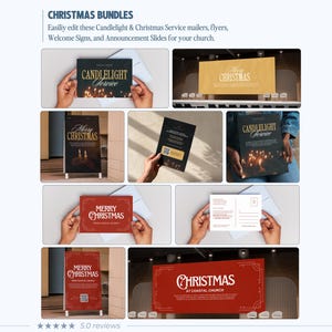Puede incluir: Una colecci&oacute;n de plantillas de paquetes navide&ntilde;os que incluye folletos, carteles de bienvenida y diapositivas de anuncios. Los dise&ntilde;os presentan textos como "CHRISTMAS BUNDLES", "CANDLELIGHT SERVICE", "MERRY CHRISTMAS" y "CHRISTMAS AT COASTAL CHURCH" en varios dise&ntilde;os, colores y estilos.