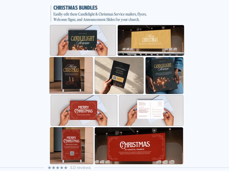 Puede incluir: Una colecci&oacute;n de plantillas de paquetes navide&ntilde;os que incluye folletos, carteles de bienvenida y diapositivas de anuncios. Los dise&ntilde;os presentan textos como "CHRISTMAS BUNDLES", "CANDLELIGHT SERVICE", "MERRY CHRISTMAS" y "CHRISTMAS AT COASTAL CHURCH" en varios dise&ntilde;os, colores y estilos.