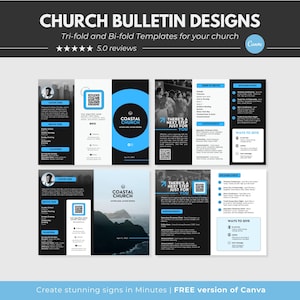Może przedstawiać: Obraz projektów biuletynów kościelnych. Projekt zawiera szablony trójstronne i dwustronne. Szablony mają czarno-biało-niebieską kolorystykę. Tekst zawiera "Coastal Church" i "There's a next step just for you."