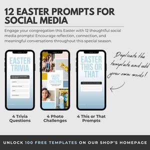 May include: A digital screen mockup showing three different Easter social media post templates. The templates are for Easter trivia, Easter photo challenges, and Easter this or that prompts. The text "Duplicate the template and add your own words!" is written on the right side of the image.