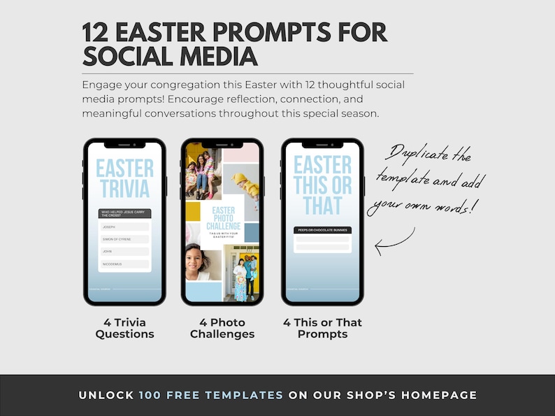 May include: A digital screen mockup showing three different Easter social media post templates. The templates are for Easter trivia, Easter photo challenges, and Easter this or that prompts. The text "Duplicate the template and add your own words!" is written on the right side of the image.