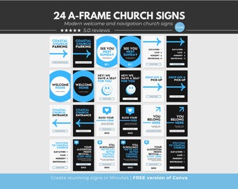 24 Modern Church A-Frame Signs Canva Templates, New Church Parking Signs, This Way To Church Signs, Sunday Service Welcome Signs in Canva