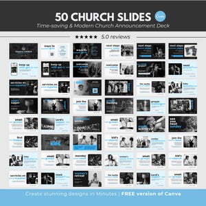 Puede incluir: Una plantilla de presentación digital con 50 diapositivas de la iglesia. Las diapositivas tienen un esquema de color blanco y negro con acentos azules. El texto incluye "50 CHURCH SLIDES" y "Time-saving & Modern Church Announcement Deck".
