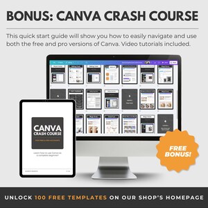 Puede incluir: Un monitor de computadora y una tableta muestran un curso intensivo de Canva. El monitor muestra varias p&aacute;ginas de dise&ntilde;o de Canva, mientras que la tableta muestra el logotipo del curso. Una pegatina naranja brillante de "&iexcl;Bono gratis!" est&aacute; en la imagen. El texto en la parte superior dice "Bono: Curso intensivo de Canva."