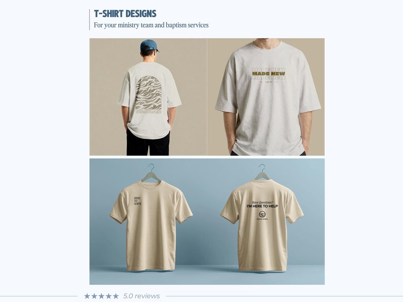 Puede incluir: Una colecci&oacute;n de camisetas de colores claros con dise&ntilde;os gr&aacute;ficos. Una camiseta muestra un patr&oacute;n de ondas arqueadas en la espalda y el texto MADE NEW en el frente. Otra camiseta presenta el texto I'M HERE TO HELP en la espalda y texto peque&ntilde;o.