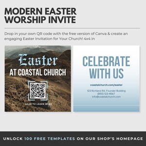 May include: A modern Easter worship invite with a blue and white color scheme. The left side features a photo of a mountain range with the text "Easter at Coastal Church" and a QR code with the text "Scan to learn more". The right side features the text "Celebrate with us" and contact information for Coastal Church.