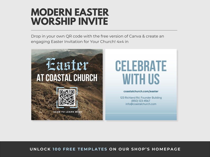 May include: A modern Easter worship invite with a blue and white color scheme. The left side features a photo of a mountain range with the text "Easter at Coastal Church" and a QR code with the text "Scan to learn more". The right side features the text "Celebrate with us" and contact information for Coastal Church.