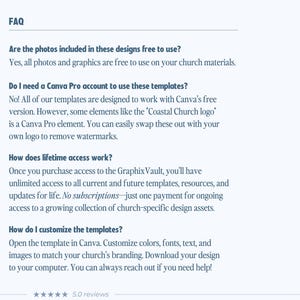 Puede incluir: Un documento de preguntas frecuentes con texto azul oscuro sobre un fondo claro. Responde dudas sobre el uso de fotos, requisitos de Canva Pro, acceso de por vida a GraphixVault e instrucciones de personalizaci&oacute;n, con una valoraci&oacute;n de cinco estrellas.