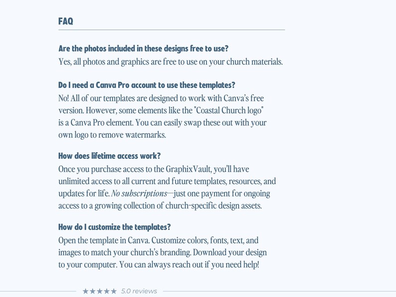 Puede incluir: Un documento de preguntas frecuentes con texto azul oscuro sobre un fondo claro. Responde dudas sobre el uso de fotos, requisitos de Canva Pro, acceso de por vida a GraphixVault e instrucciones de personalizaci&oacute;n, con una valoraci&oacute;n de cinco estrellas.