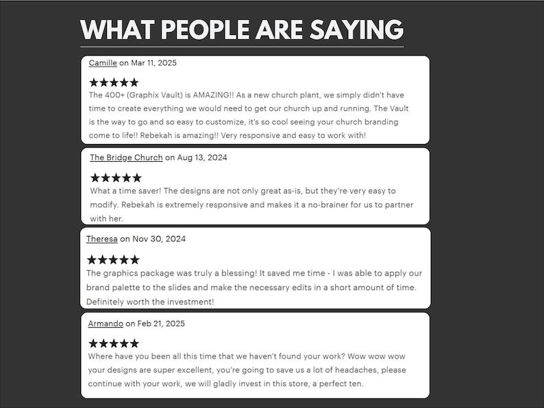 Puede incluir: Gr&aacute;fico con el texto blanco "WHAT PEOPLE ARE SAYING" sobre un fondo gris oscuro. Debajo, rese&ntilde;as de clientes con calificaciones por estrellas y comentarios sobre un servicio o producto.