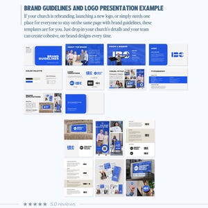 Puede incluir: Un conjunto de plantillas digitales titulado BRAND GUIDELINES AND LOGO PRESENTATION EXAMPLE, que presenta m&uacute;ltiples diapositivas con esquemas de color azul y blanco. El dise&ntilde;o muestra secciones para identidad de marca, logotipos y tipograf&iacute;a.