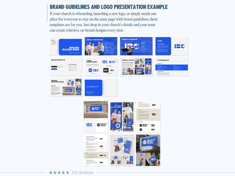 Puede incluir: Un conjunto de plantillas digitales titulado BRAND GUIDELINES AND LOGO PRESENTATION EXAMPLE, que presenta m&uacute;ltiples diapositivas con esquemas de color azul y blanco. El dise&ntilde;o muestra secciones para identidad de marca, logotipos y tipograf&iacute;a.