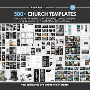 May include: A collection of 500+ church templates for Canva, featuring various graphic designs, social media layouts, flyers, and informational cards in black, white, and orange color schemes with text including 500+ CHURCH TEMPLATES.