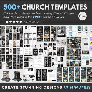 Puede incluir: Una colecci&oacute;n digital de m&aacute;s de 500 plantillas de iglesia para Canva, con varios dise&ntilde;os para redes sociales, folletos y materiales de eventos. La muestra incluye dise&ntilde;os gr&aacute;ficos en negro, blanco y naranja con texto e im&aacute;genes.