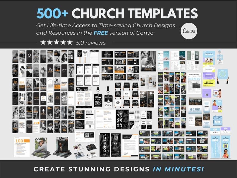 Puede incluir: Una colecci&oacute;n digital de m&aacute;s de 500 plantillas de iglesia para Canva, con varios dise&ntilde;os para redes sociales, folletos y materiales de eventos. La muestra incluye dise&ntilde;os gr&aacute;ficos en negro, blanco y naranja con texto e im&aacute;genes.