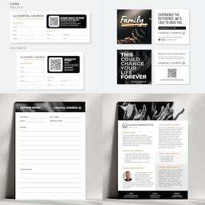 Puede incluir: Una colecci&oacute;n de papeler&iacute;a de Coastal Church, que incluye tarjetas de diezmos y ofrendas, notas de sermones y un bolet&iacute;n de la iglesia. Las tarjetas presentan c&oacute;digos QR e informaci&oacute;n de contacto.