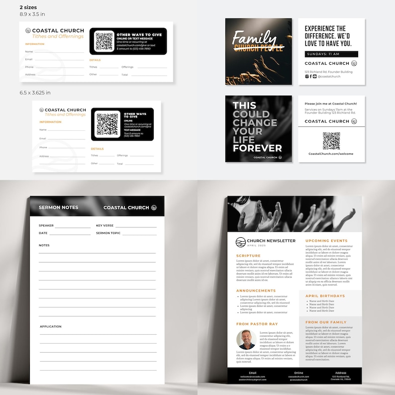 Puede incluir: Una colecci&oacute;n de papeler&iacute;a de Coastal Church, que incluye tarjetas de diezmos y ofrendas, notas de sermones y un bolet&iacute;n de la iglesia. Las tarjetas presentan c&oacute;digos QR e informaci&oacute;n de contacto.