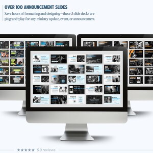Puede incluir: Tres monitores de computadora muestran m&aacute;s de 100 diapositivas de anuncios para actualizaciones y eventos ministeriales. Las pantallas presentan varios dise&ntilde;os gr&aacute;ficos en blanco y negro con acentos azules y naranjas, incluyendo textos.