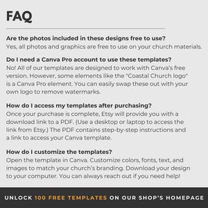 Puede incluir: Una captura de pantalla de una p&aacute;gina web con el encabezado "FAQ" y respuestas a preguntas comunes sobre plantillas de dise&ntilde;o de iglesias. El texto explica el uso de fotos, los requisitos de Canva Pro, el acceso despu&eacute;s de la compra y la personalizaci&oacute;n. Una llamada a la acci&oacute;n para desbloquear 100 plantillas gratuitas est&aacute; en la parte inferior.