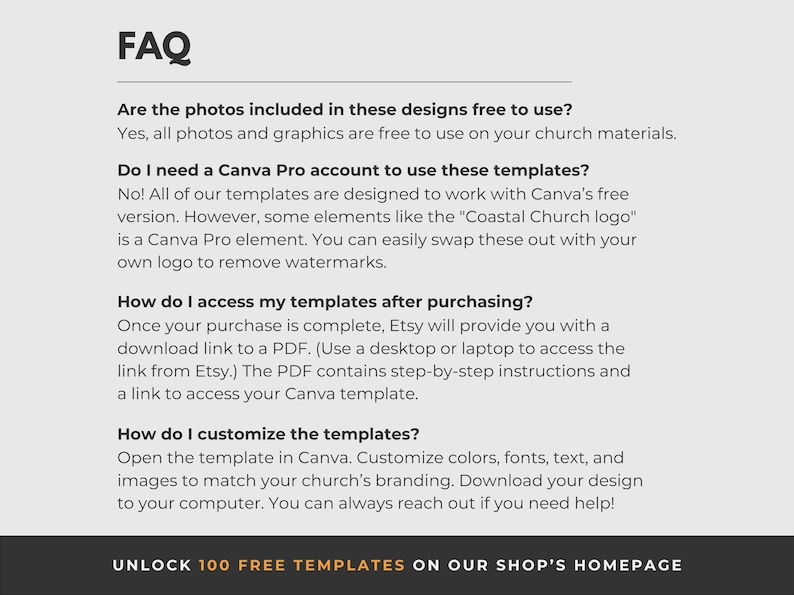 Puede incluir: Una captura de pantalla de una p&aacute;gina web con el encabezado "FAQ" y respuestas a preguntas comunes sobre plantillas de dise&ntilde;o de iglesias. El texto explica el uso de fotos, los requisitos de Canva Pro, el acceso despu&eacute;s de la compra y la personalizaci&oacute;n. Una llamada a la acci&oacute;n para desbloquear 100 plantillas gratuitas est&aacute; en la parte inferior.