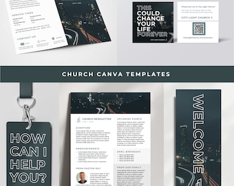 Könnte beinhalten: Ein Satz von Kirchen-Canva-Vorlagen mit dunkelblauem Hintergrund und einem Stadtbild. Die Vorlagen beinhalten ein Willkommenszeichen, einen Newsletter und ein Namensschild. Der Text auf den Vorlagen lautet "City Light Church", "Willkommen", "Kirchen-Newsletter", "Wie kann ich Ihnen helfen?" und "Das könnte Ihr Leben für immer verändern".