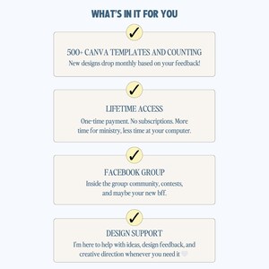 Puede incluir: Una infograf&iacute;a vertical titulada WHAT'S IN IT FOR YOU que presenta cuatro rect&aacute;ngulos de color beige con marcas de verificaci&oacute;n negras. El texto enumera 500+ CANVA TEMPLATES AND COUNTING, LIFETIME ACCESS, FACEBOOK GROUP y DESIGN SUPPORT.