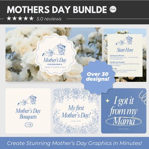 May include: A graphic design bundle for Mother's Day with various designs, including floral bouquets and text. The designs feature blue and white colors with the text "Mother's Day" and "I got it from my Mama". The image also states "Over 30 designs!"