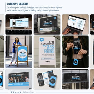 Puede incluir: Una colecci&oacute;n de materiales de marketing para Coastal Church con marca en azul y negro. Los art&iacute;culos incluyen folletos, letreros digitales, plantillas para redes sociales, letreros tipo caballete y pancartas con texto como Next Steps y Baptism Sunday.