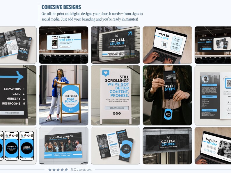 Puede incluir: Una colecci&oacute;n de materiales de marketing para Coastal Church con marca en azul y negro. Los art&iacute;culos incluyen folletos, letreros digitales, plantillas para redes sociales, letreros tipo caballete y pancartas con texto como Next Steps y Baptism Sunday.
