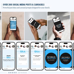 Puede incluir: Una colecci&oacute;n digital de m&aacute;s de 200 publicaciones y carruseles para redes sociales de iglesias. La pantalla muestra varios tel&eacute;fonos inteligentes con diversos dise&ntilde;os gr&aacute;ficos y texto, incluyendo Q&A, datos de la iglesia y equipos ministeriales.