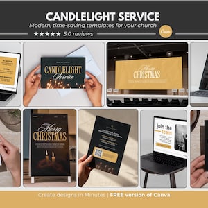 May include: A collection of images displaying templates for a church's candlelight service. The images include a laptop, cards, and a sign, all featuring the text "Candlelight Service" and "Merry Christmas". The templates are designed to save time.