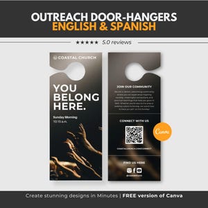 May include: Door hangers with the text "OUTREACH DOOR-HANGERS ENGLISH & SPANISH" and "YOU BELONG HERE." The design includes a church logo, a QR code, and social media icons. The Canva logo is also visible.