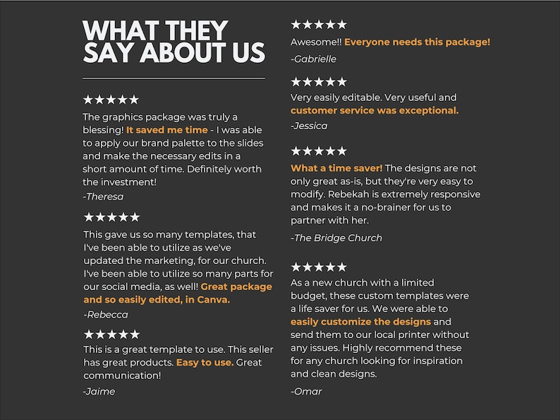 May include: A collection of customer testimonials about a graphic design package. The testimonials highlight the ease of use, time-saving features, and exceptional customer service. The text includes phrases like "It saved me time", "Great package", "Easy to use", and "What a time saver!"