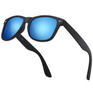 Sonnenbrille Damen Sonnenbrille Herren Urlaub Brille Schwarz Matt Rahmen Blaue Linse UV400 Schutz CAT.3