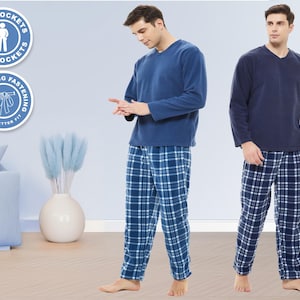 Mens Fleece Pyjamas Set suit nightwear loungewear v neck top with pyjama bottoms with pockets ideal present winter
