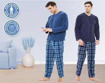 Mens Fleece Pyjamas Set suit nightwear loungewear v neck top with pyjama bottoms with pockets ideal present winter