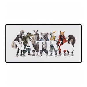 Puede incluir: Un grupo de animales vestidos con ropa y de pie en fila. Los animales son un avestruz, un cocodrilo, un canguro, un koala, una cacatúa, un zorro y un puercoespín. La palabra "NATIVE" está escrita en letras blancas en la parte delantera de la imagen.
