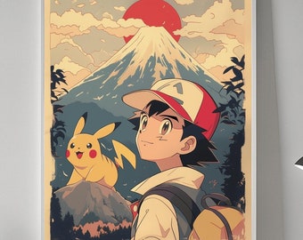 Ash and Pikachu Poster, Anime, High Quality, Printable Wall Art, Bedroom Wall Art, Digital, Japanese Home Decor