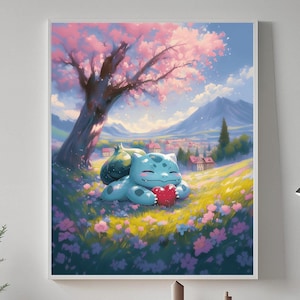 Bulbasaur love, Anime Poster, High Quality, Printable Wall Art, Bedroom Wall Art, Digital, Japanese Home Decor