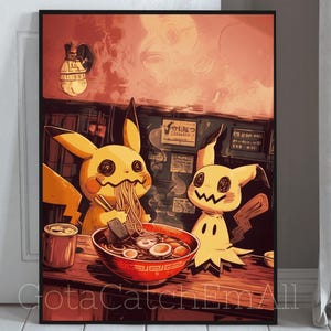 Pikachu and Mimikyu - Ramen, Anime Poster, High Quality, Printable Wall Art, Bedroom Wall Art, Digital, Japanese Home Decor