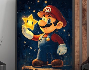 Puede incluir: Una pintura digital de un personaje de dibujos animados, Mario, sosteniendo una estrella dorada en un cielo nocturno estrellado. Mario lleva su característico gorro rojo, un mono azul y guantes blancos.